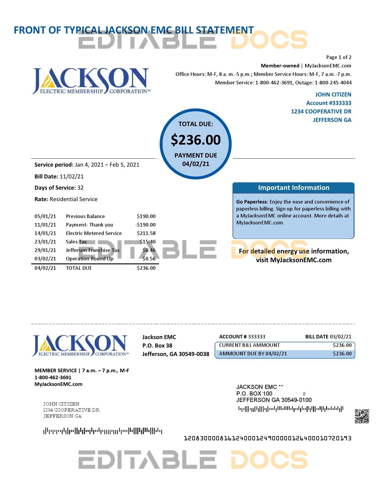 USA Georgia JACKSON EMC utility bill template in Word and PDF format (2 pages)