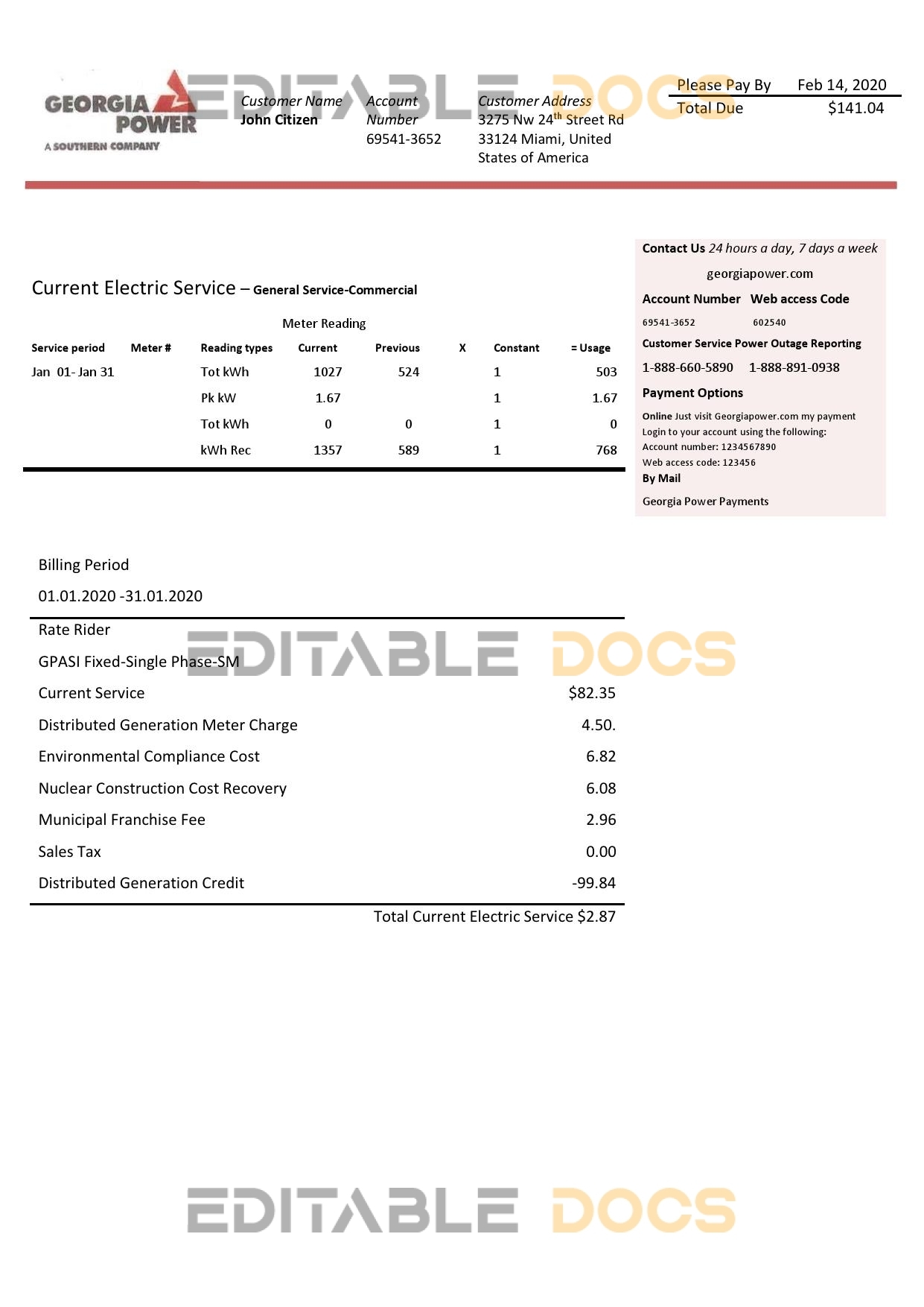 USA Georgia Power utility bill template in Word and PDF format, fully editable