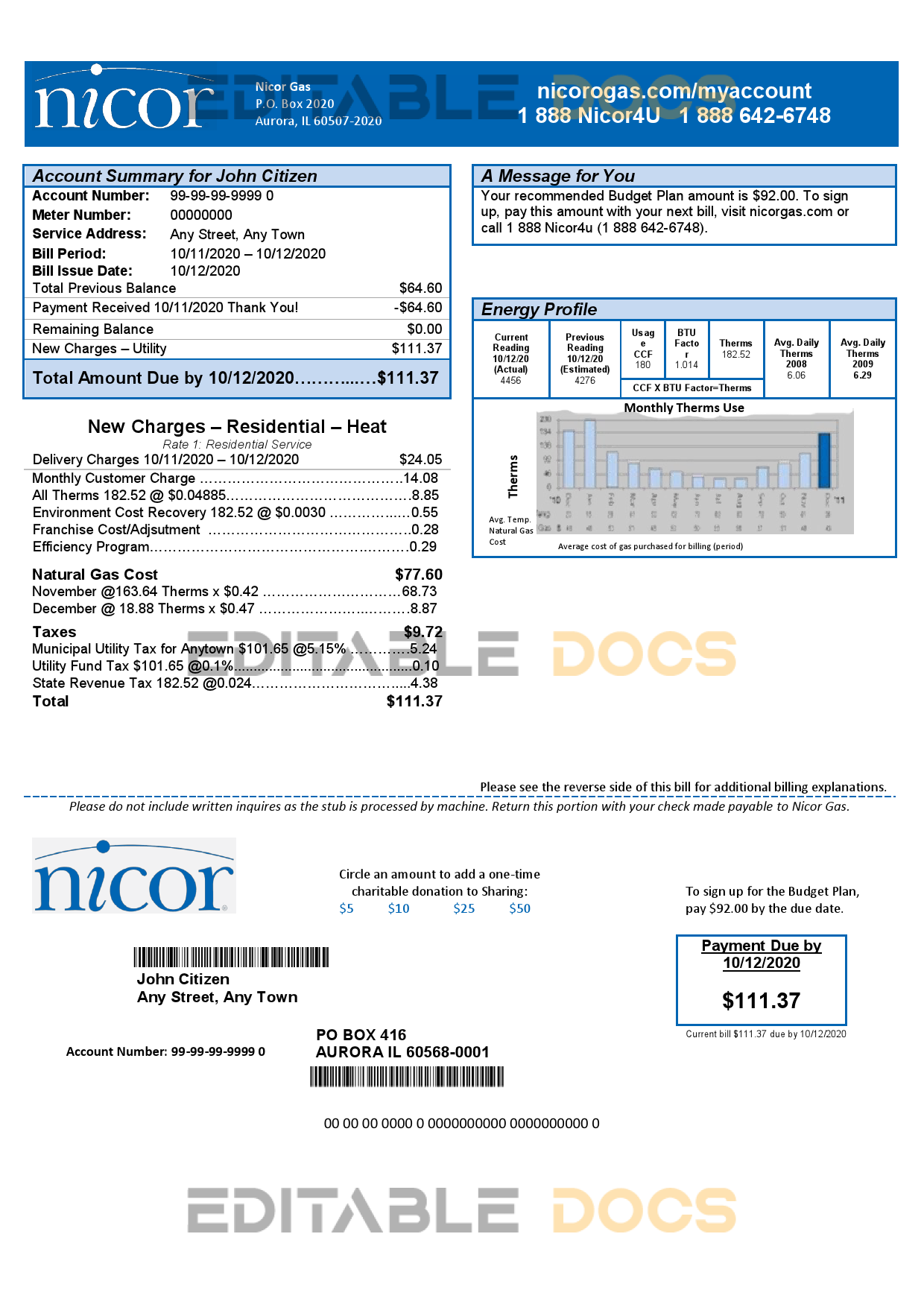 USA Illinois Nicor gas utility bill template in Word and PDF format