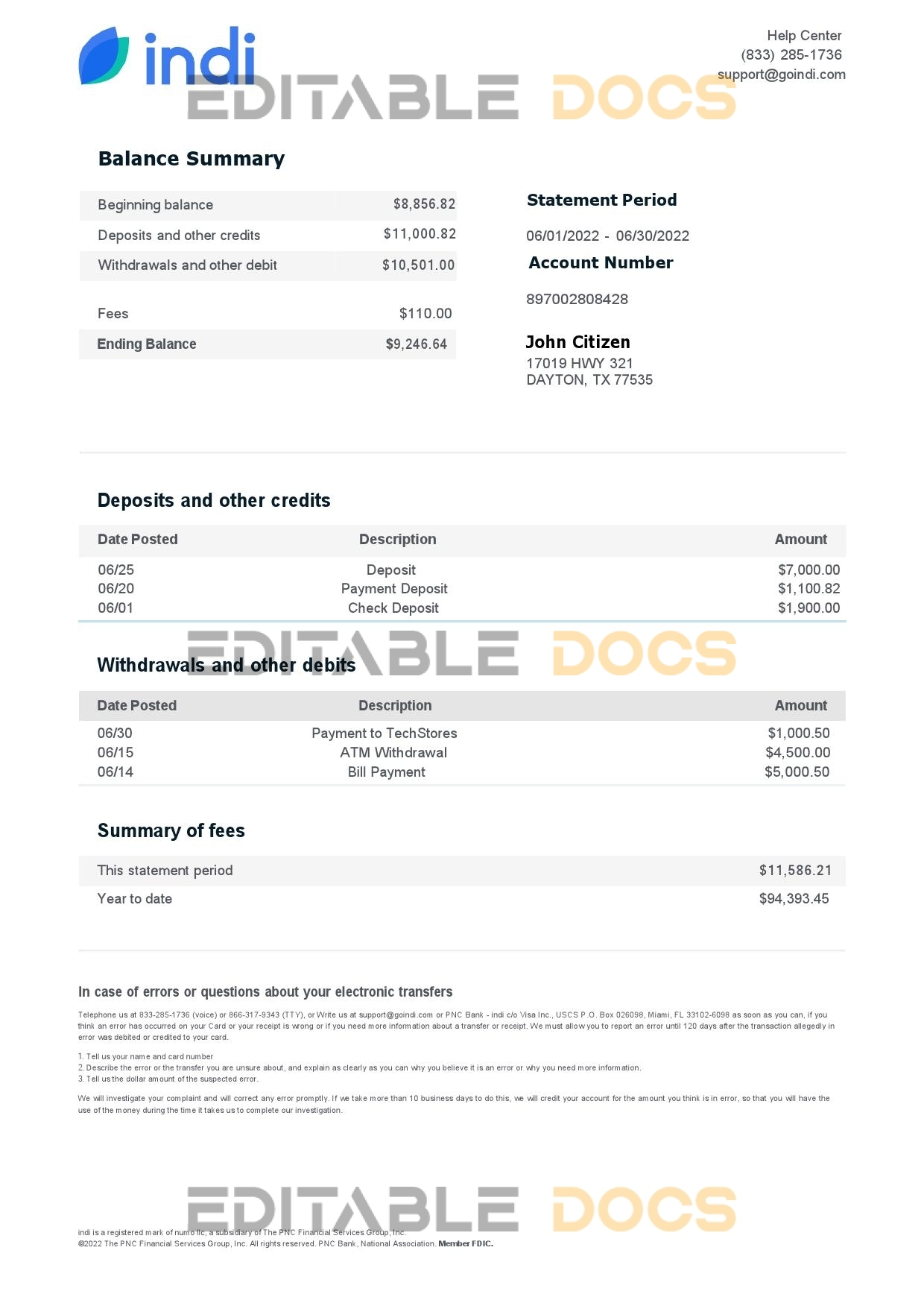 USA indi bank statement, Word and PDF template