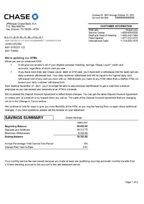 USA JP Morgan Chase bank statement template in .doc and .pdf file format, 2 pages