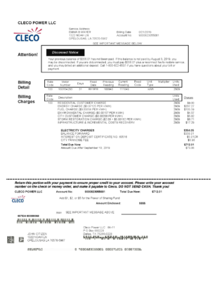 USA Louisiana Cleco Power electricity utility bill template in Word and PDF format