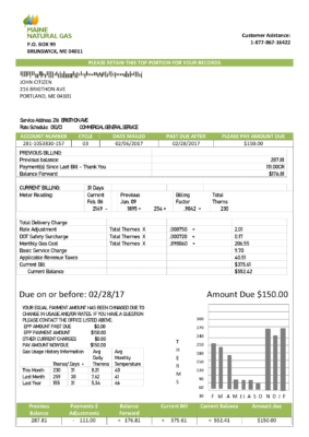 USA Maine Natural Gas Portland utility bill template in Word and PDF format