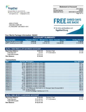 USA Editable Templates 3 USA Missouri Together Credit Union bank statement template in Word and PDF format (6 pages)