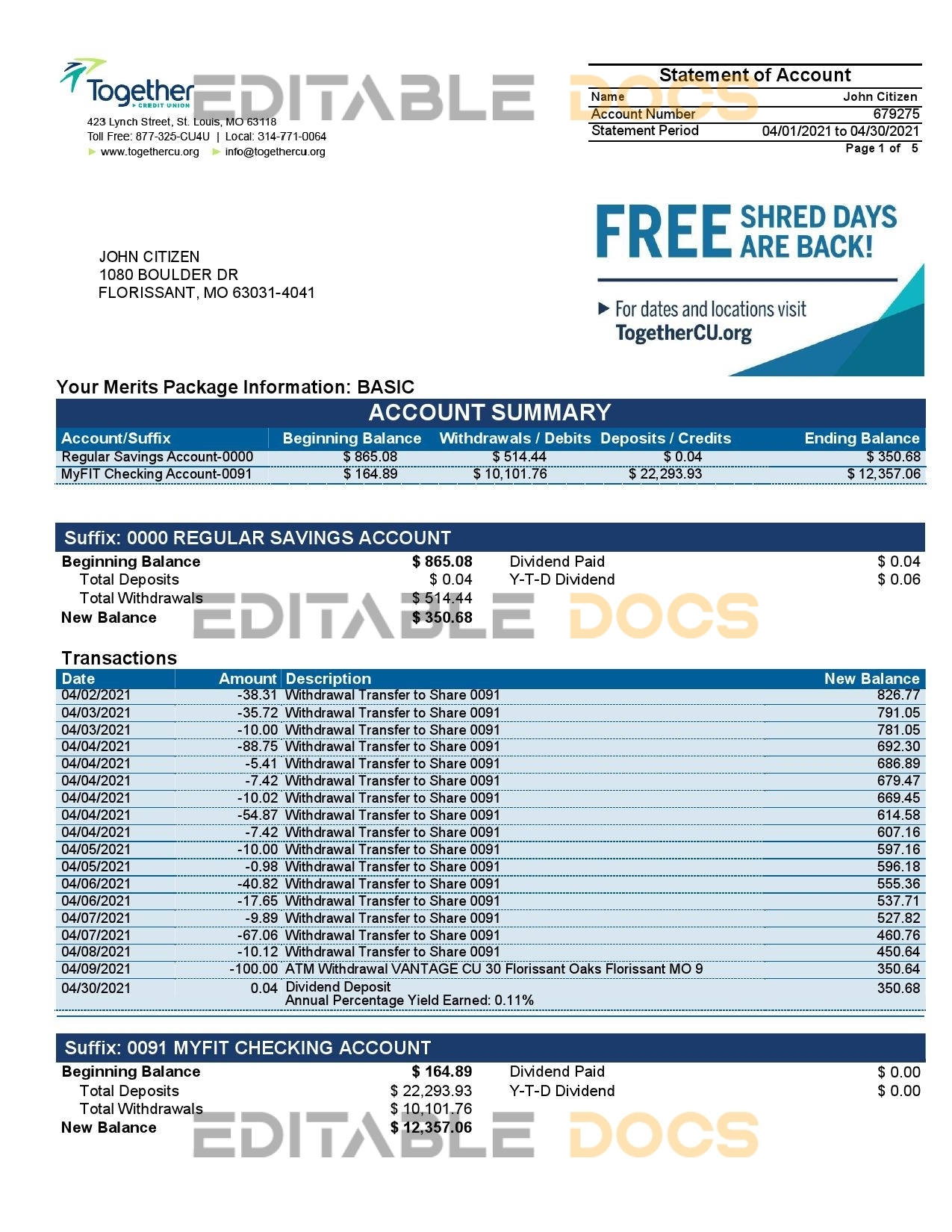 USA Missouri Together Credit Union bank statement template in Word and PDF format (6 pages)