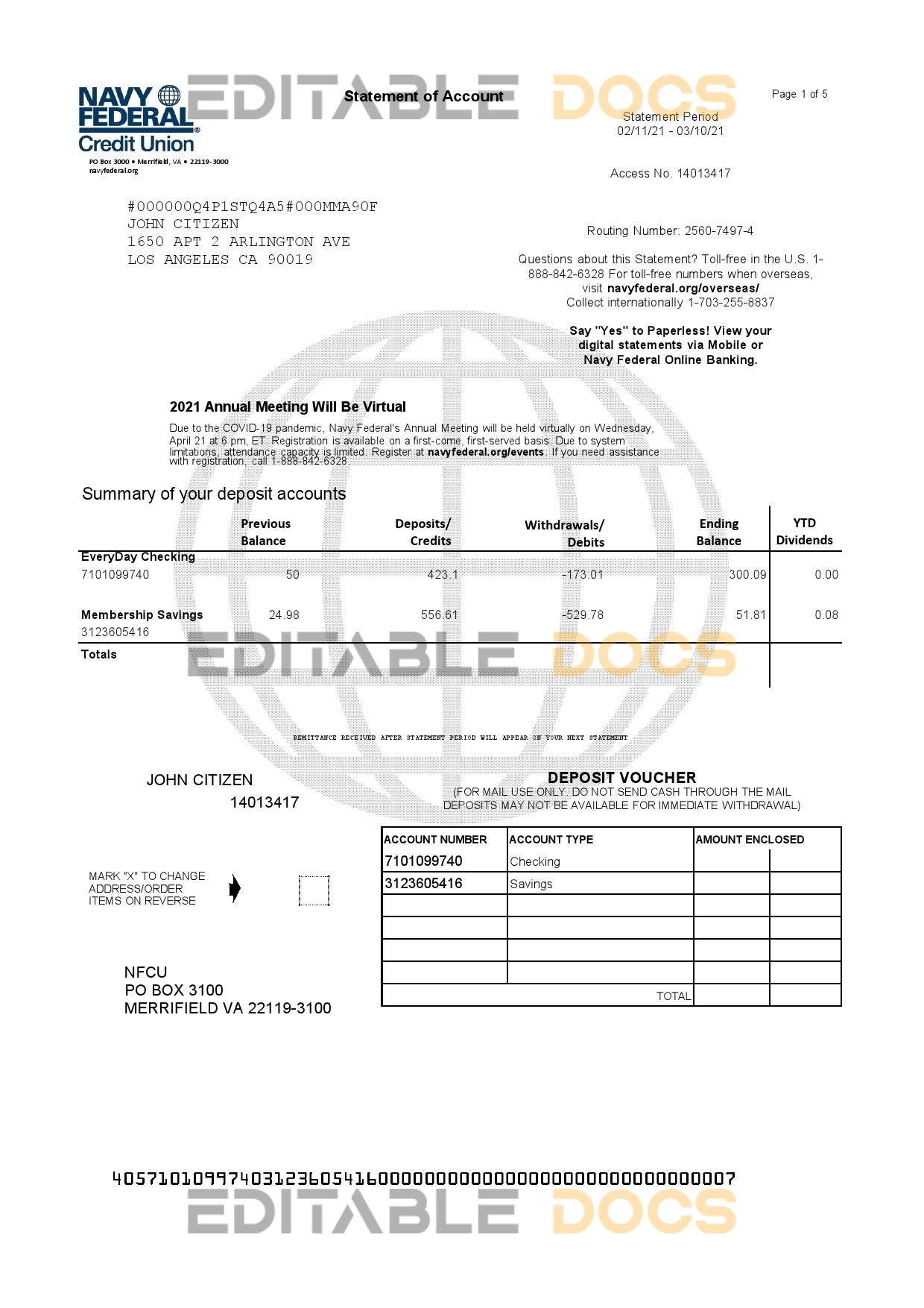 USA Navy Federal Union bank statement template in Excel and PDF format (5 pages)
