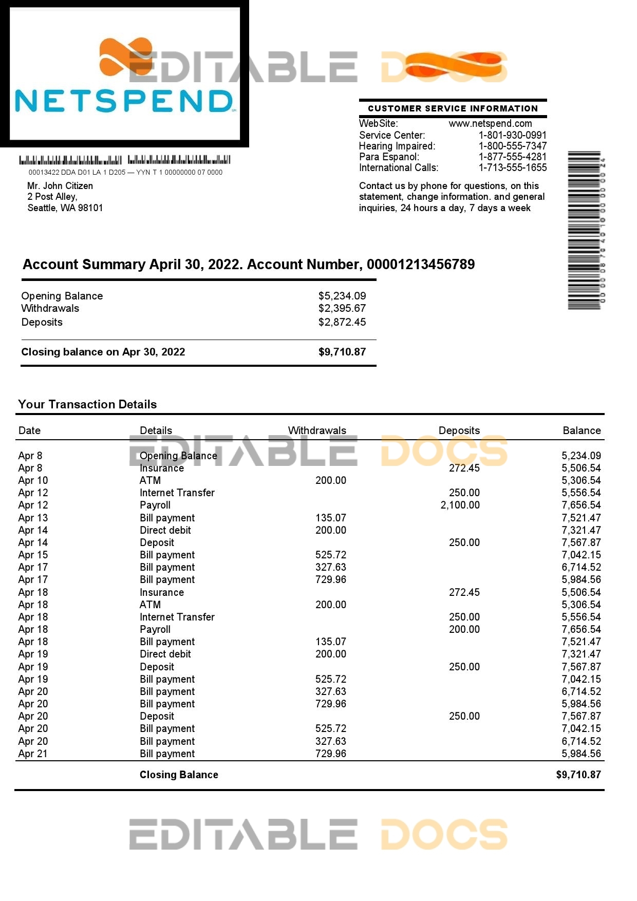 USA Netspend bank statement Word and PDF template
