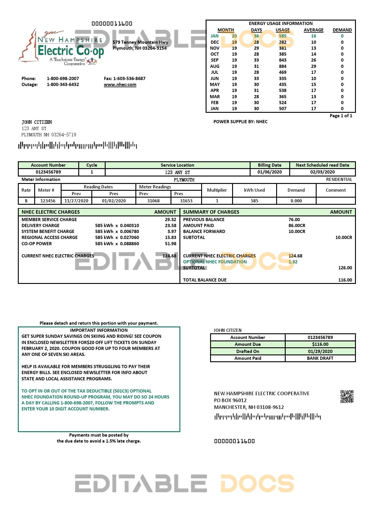 USA New Hampshire Electric Co-op electricity utility bill template in Word and PDF format