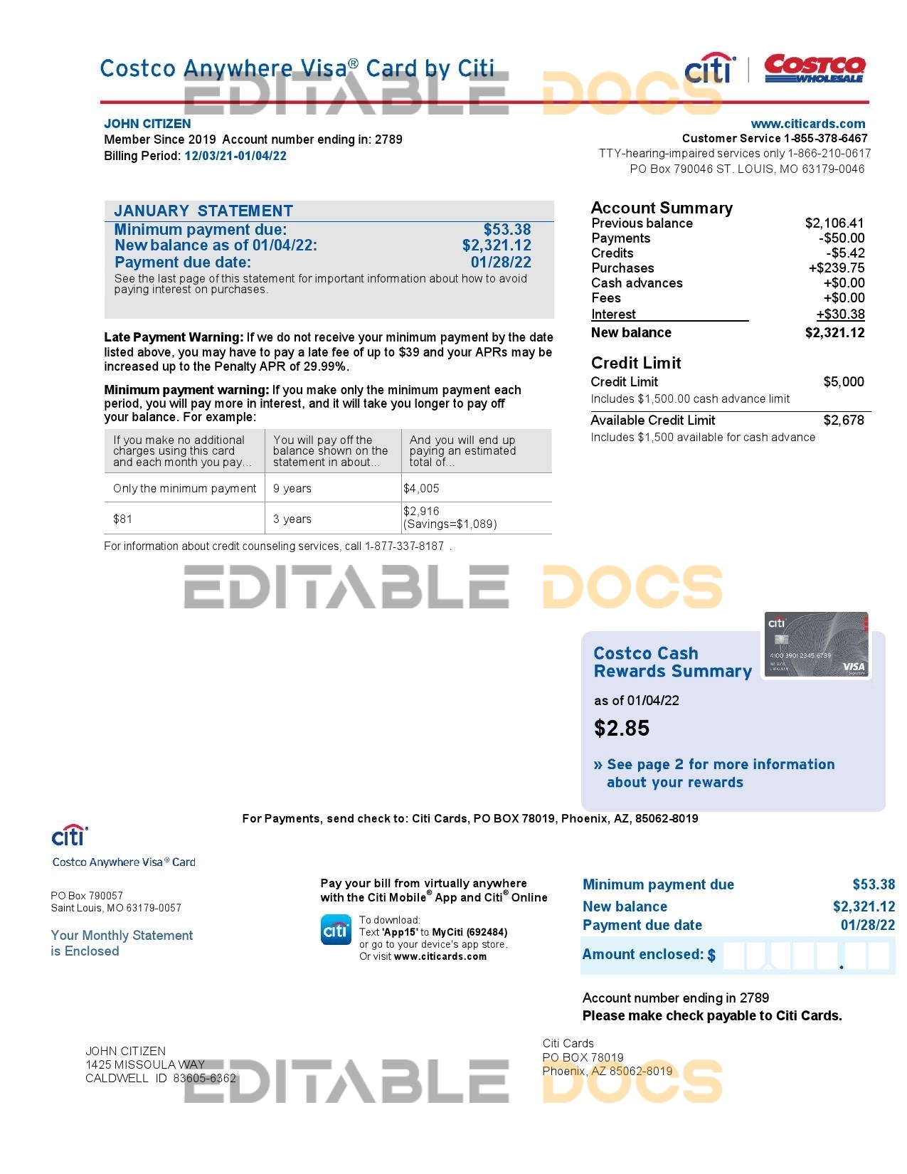 USA Costco Anywhere Visa Card by Citi bank statement, Word and PDF template, 4 pages