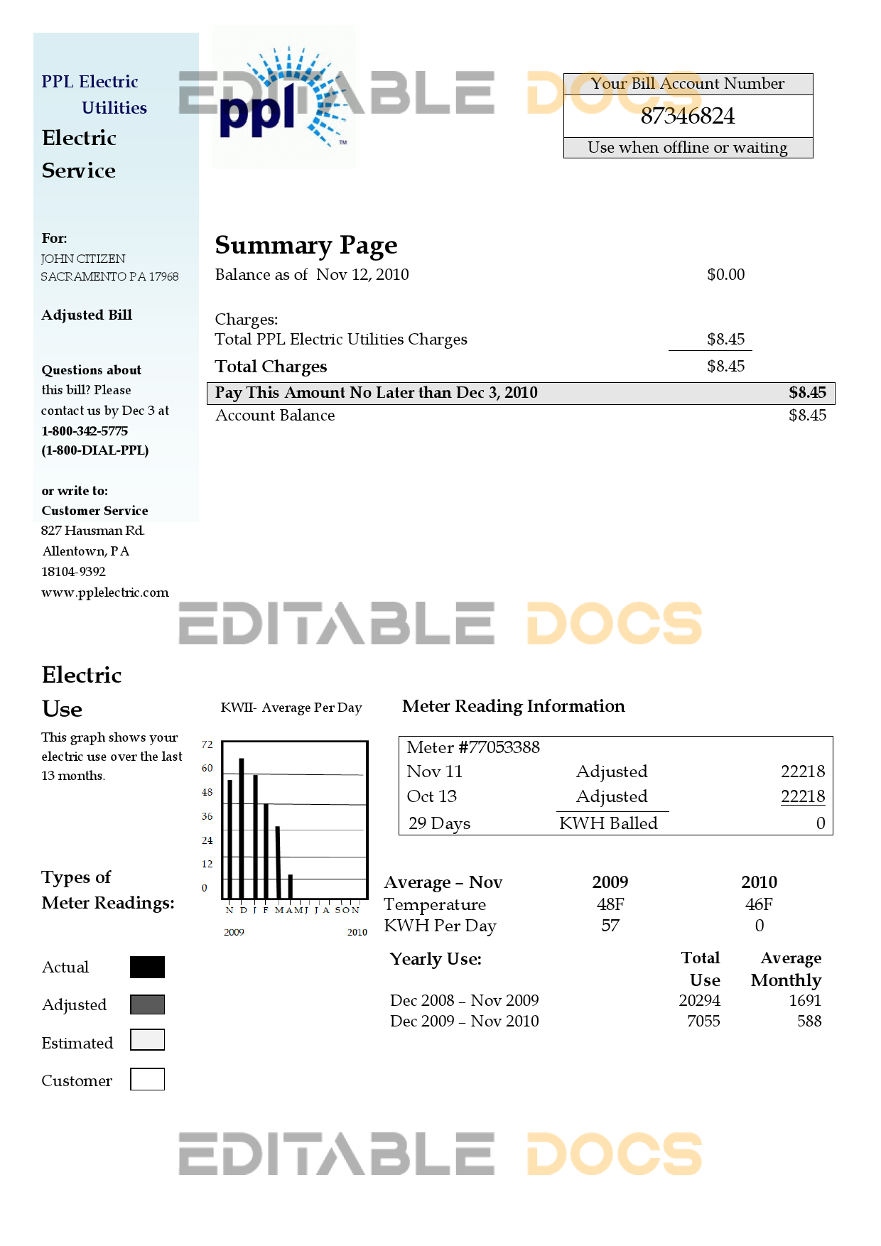 USA Pennsylvania PPL Electric utility bill template in Word and PDF format