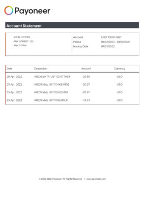 USA Payoneer account statement Word and PDF template