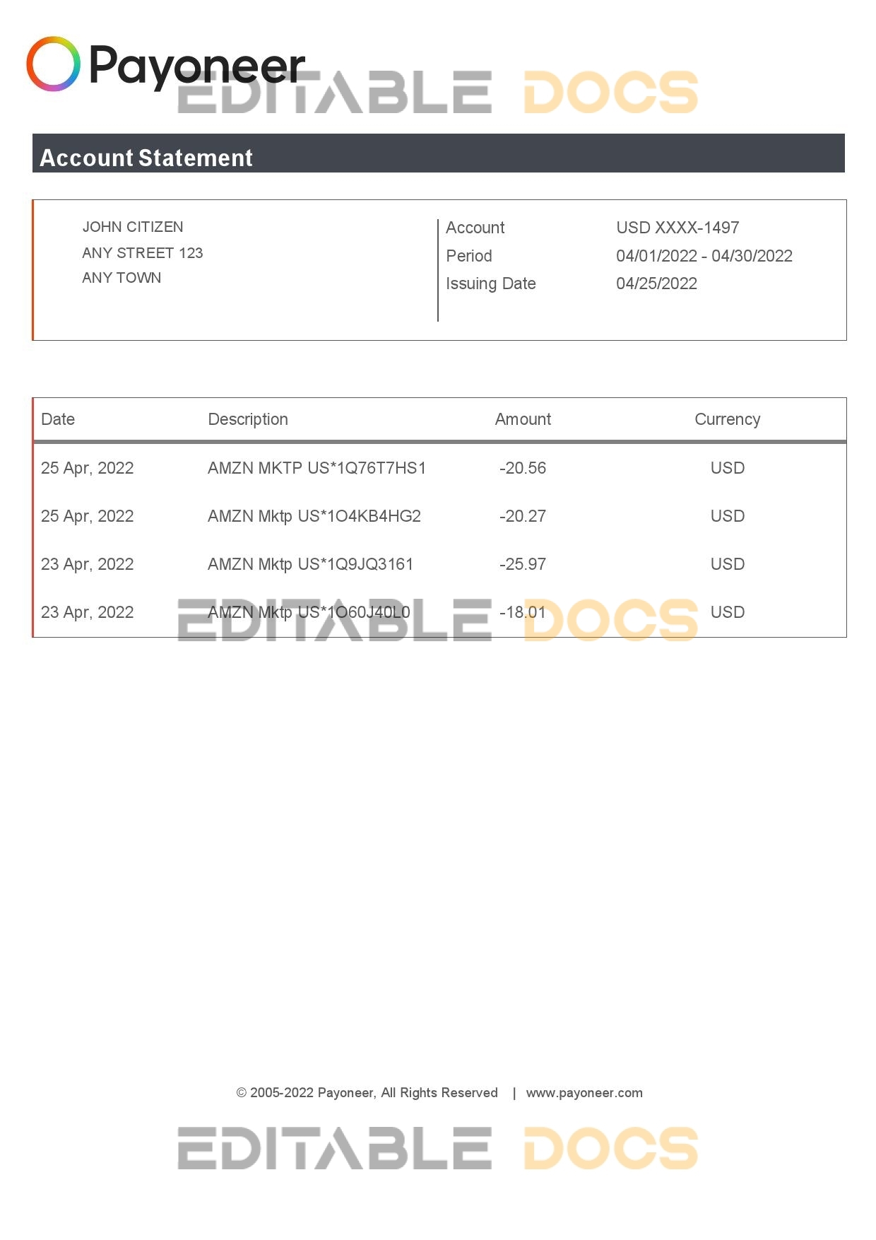USA Payoneer account statement Word and PDF template