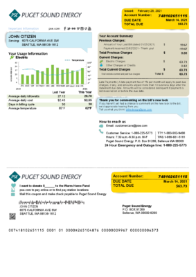 USA Washington Puget Sound Energy utility bill template in Word and PDF format, 2 pages, version 2