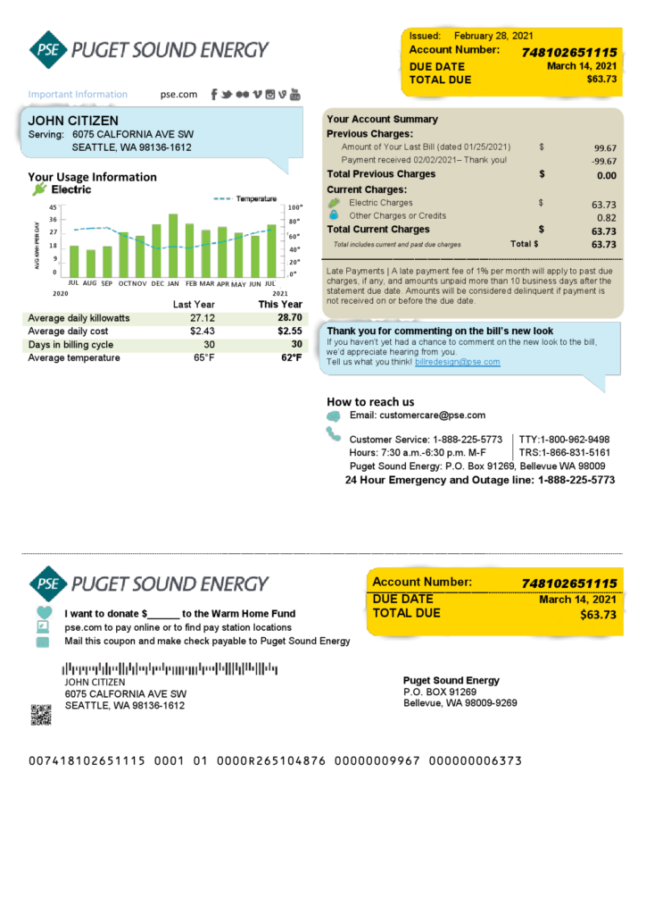 USA Washington Puget Sound Energy utility bill template in Word and PDF format, 2 pages, version 2