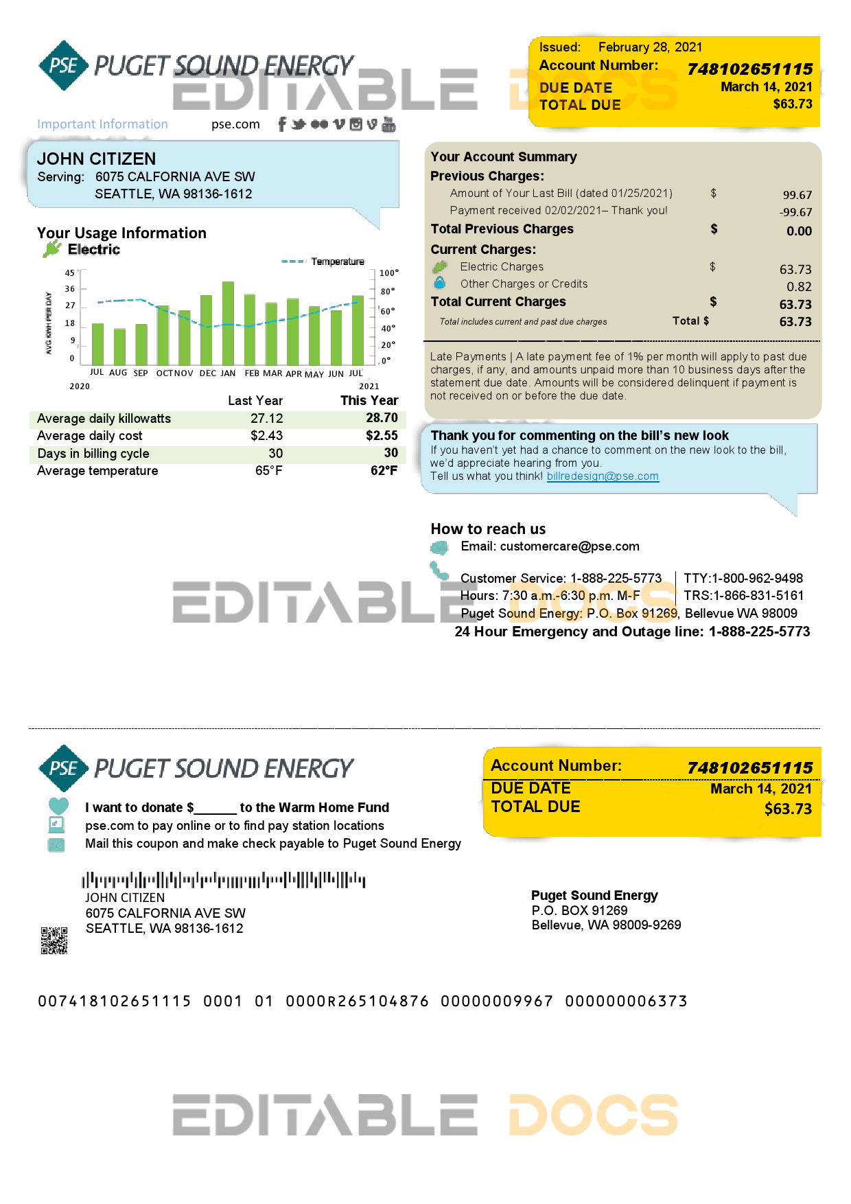 USA Washington Puget Sound Energy utility bill template in Word and PDF format, 2 pages, version 2