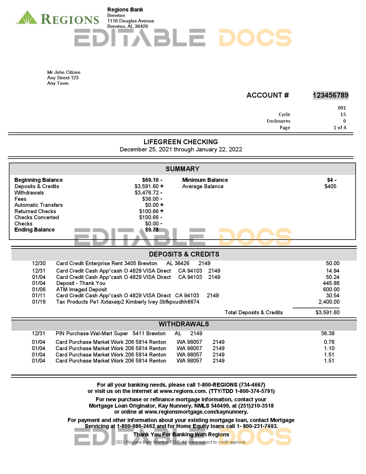 USA Regions Bank statement, Word and PDF template, 4 pages