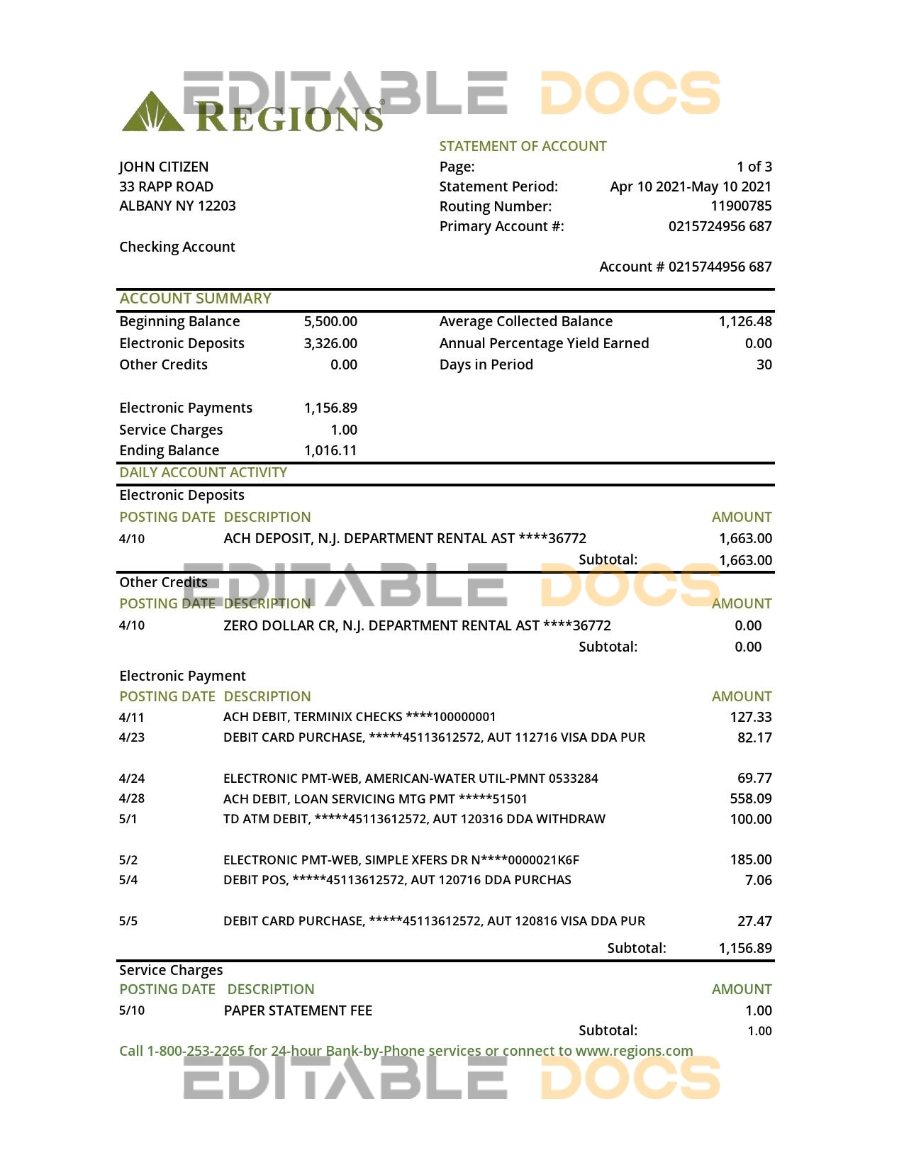 USA Regions bank statement template in .xls and .pdf file format