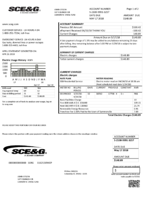 USA South Carolina SCE&G electricity utility bill template in Word and PDF format