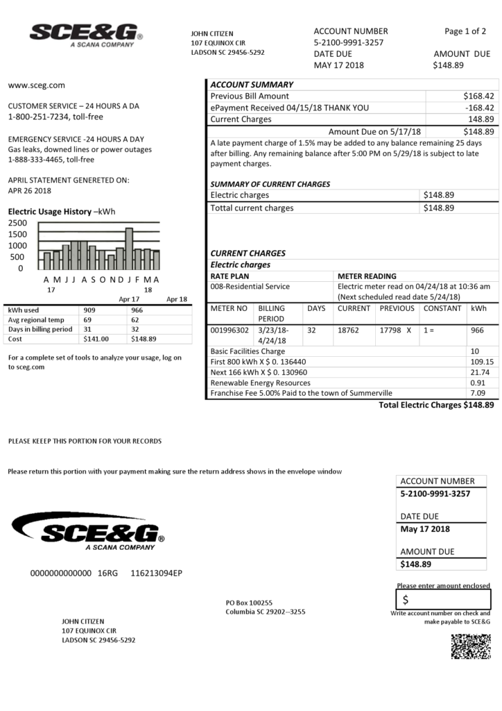 USA South Carolina SCE&G electricity utility bill template in Word and PDF format