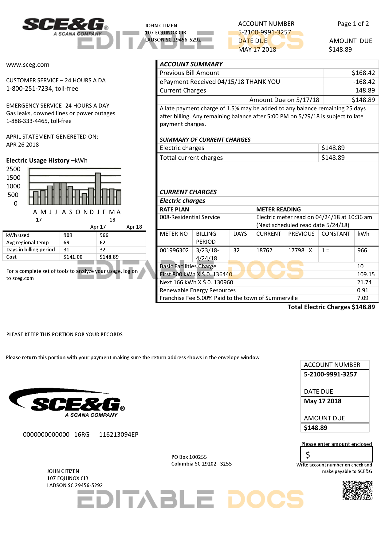 USA South Carolina SCE&G electricity utility bill template in Word and PDF format