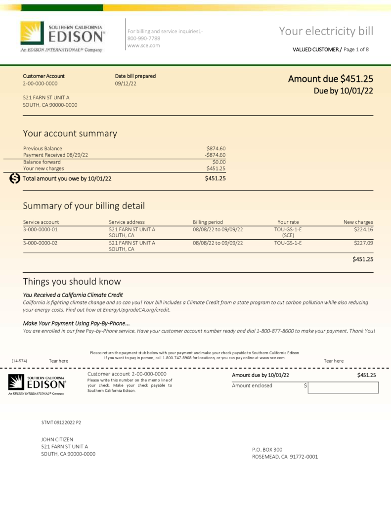 USA Southern California EDISON utility bill, Word and PDF template, 8 pages