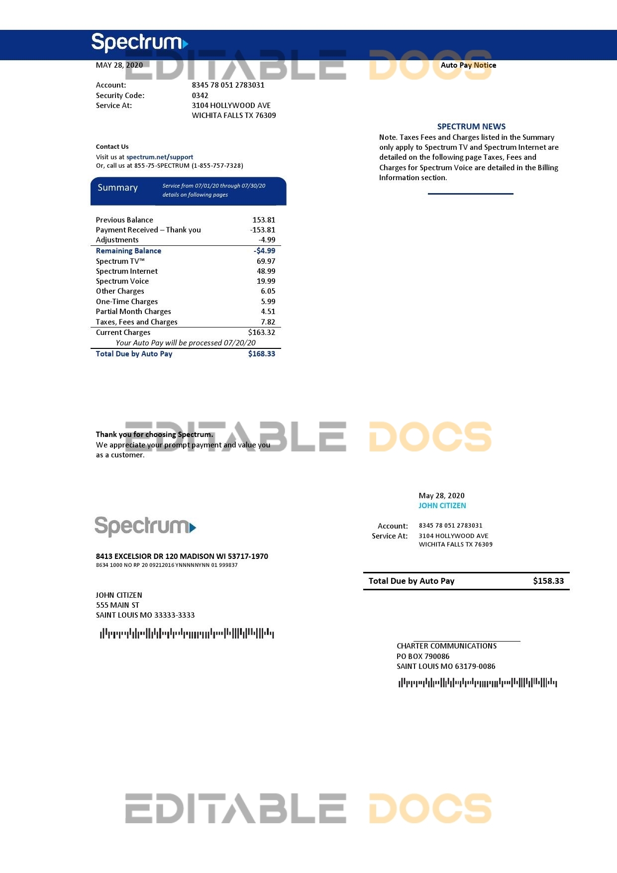 USA Spectrum utility bill template in Word and PDF format (.doc and .pdf)