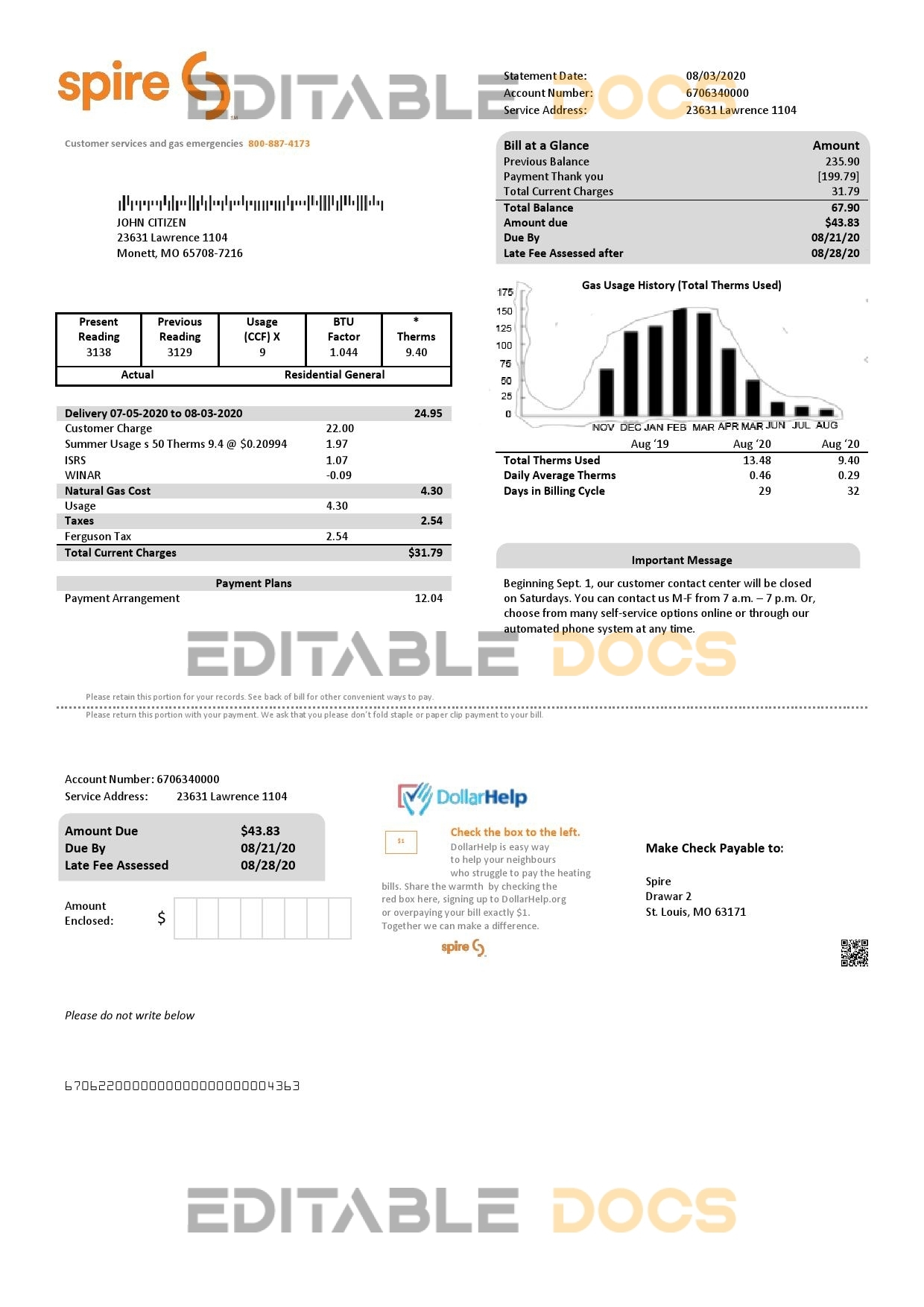 USA Spire gas utility bill template in Word and PDF format