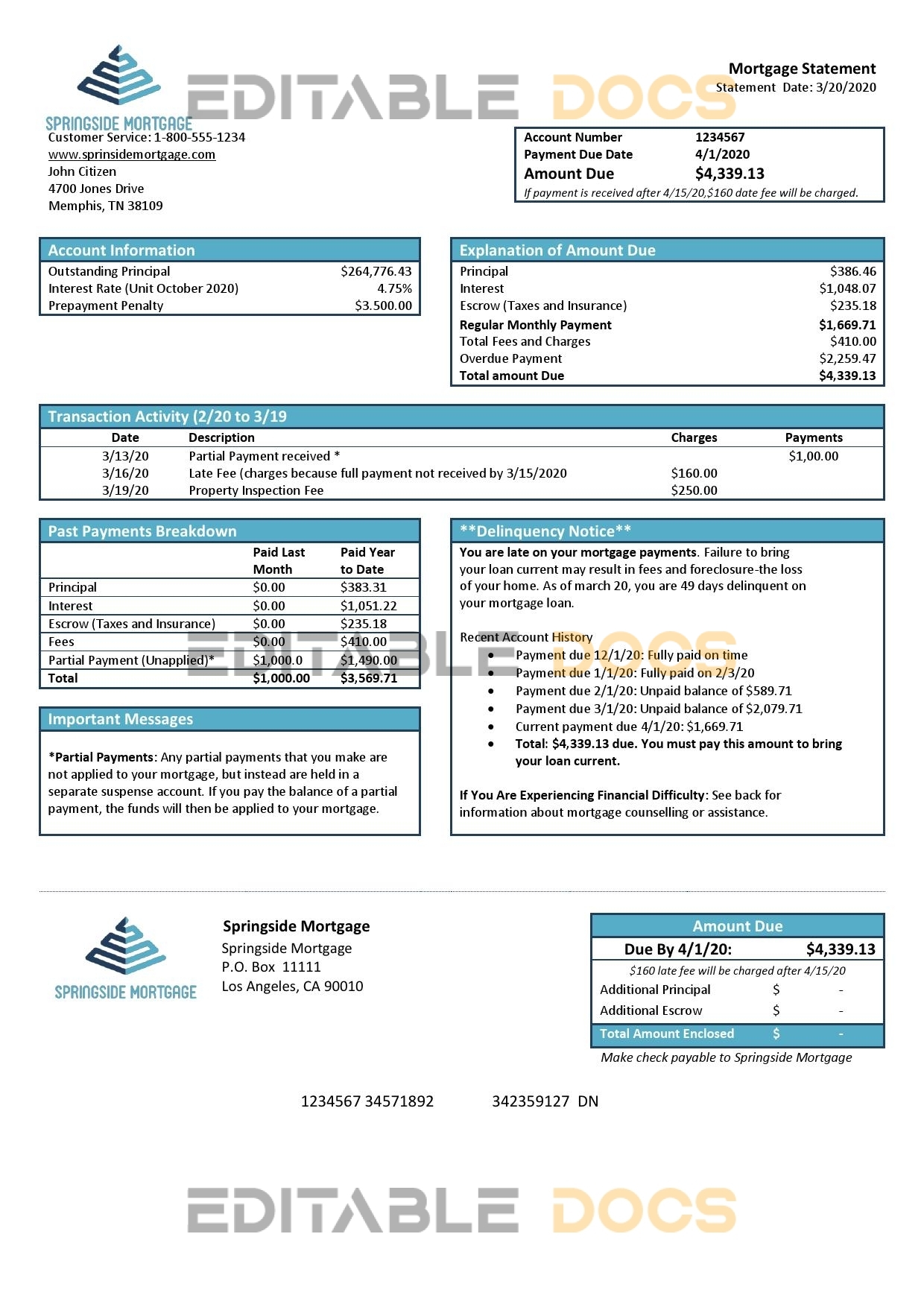 USA Springside Mortgage bank statement template in Word and PDF format