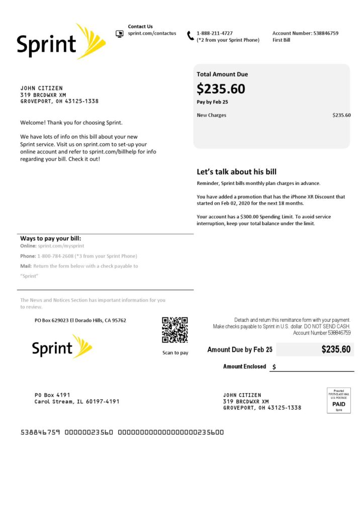 USA Sprint (T-Mobile) utility bill template in Word and PDF format