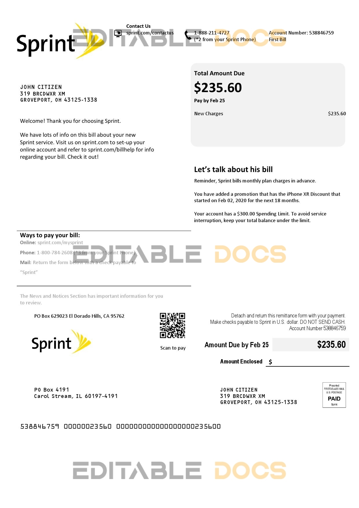 USA Sprint (T-Mobile) utility bill template in Word and PDF format