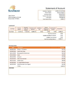 USA SunTrust bank statement Word and PDF template, version 2