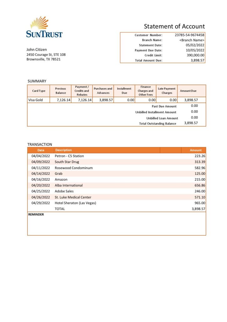USA SunTrust bank statement Word and PDF template, version 2
