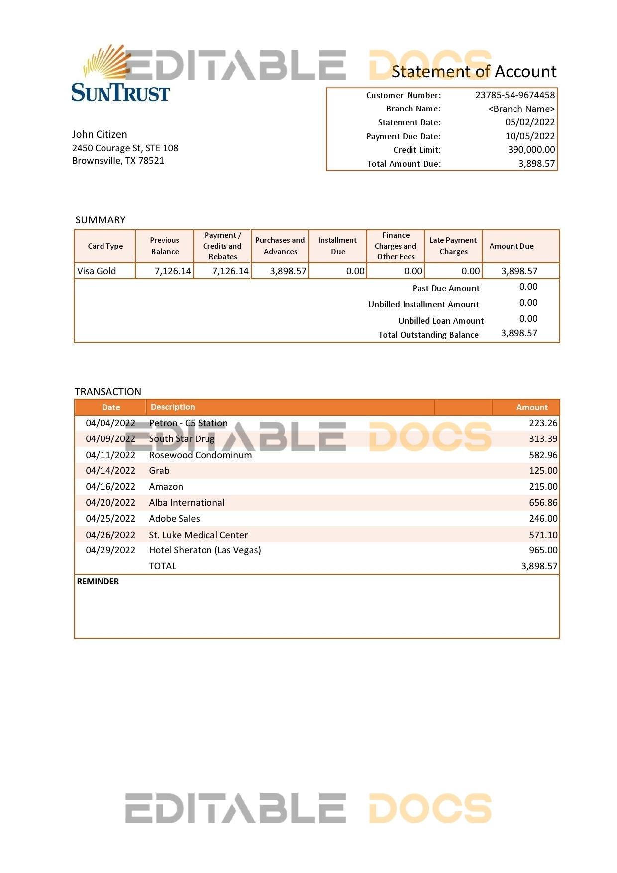 USA SunTrust bank statement Word and PDF template, version 2