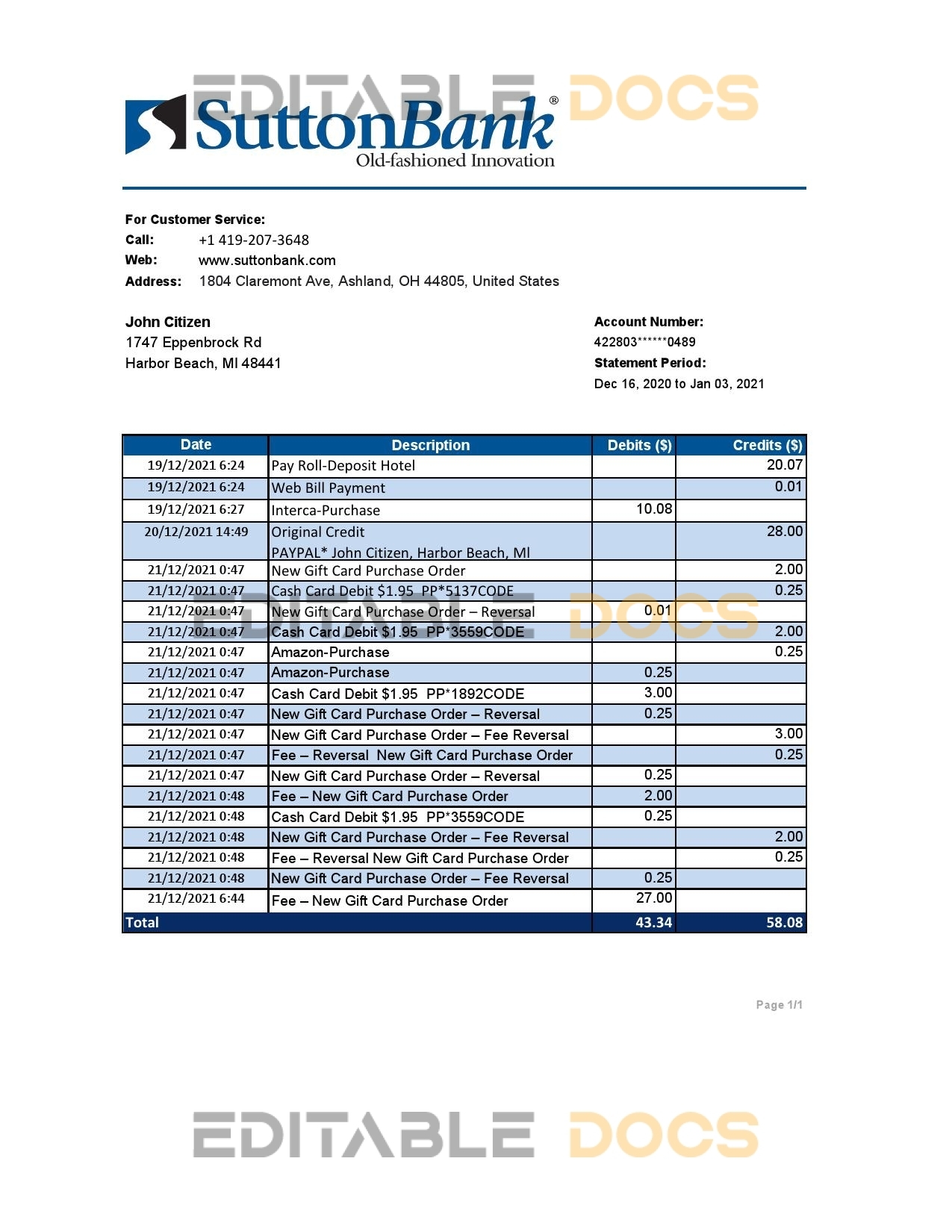 USA Ohio Sutton Bank statement template in .xls and .pdf file format