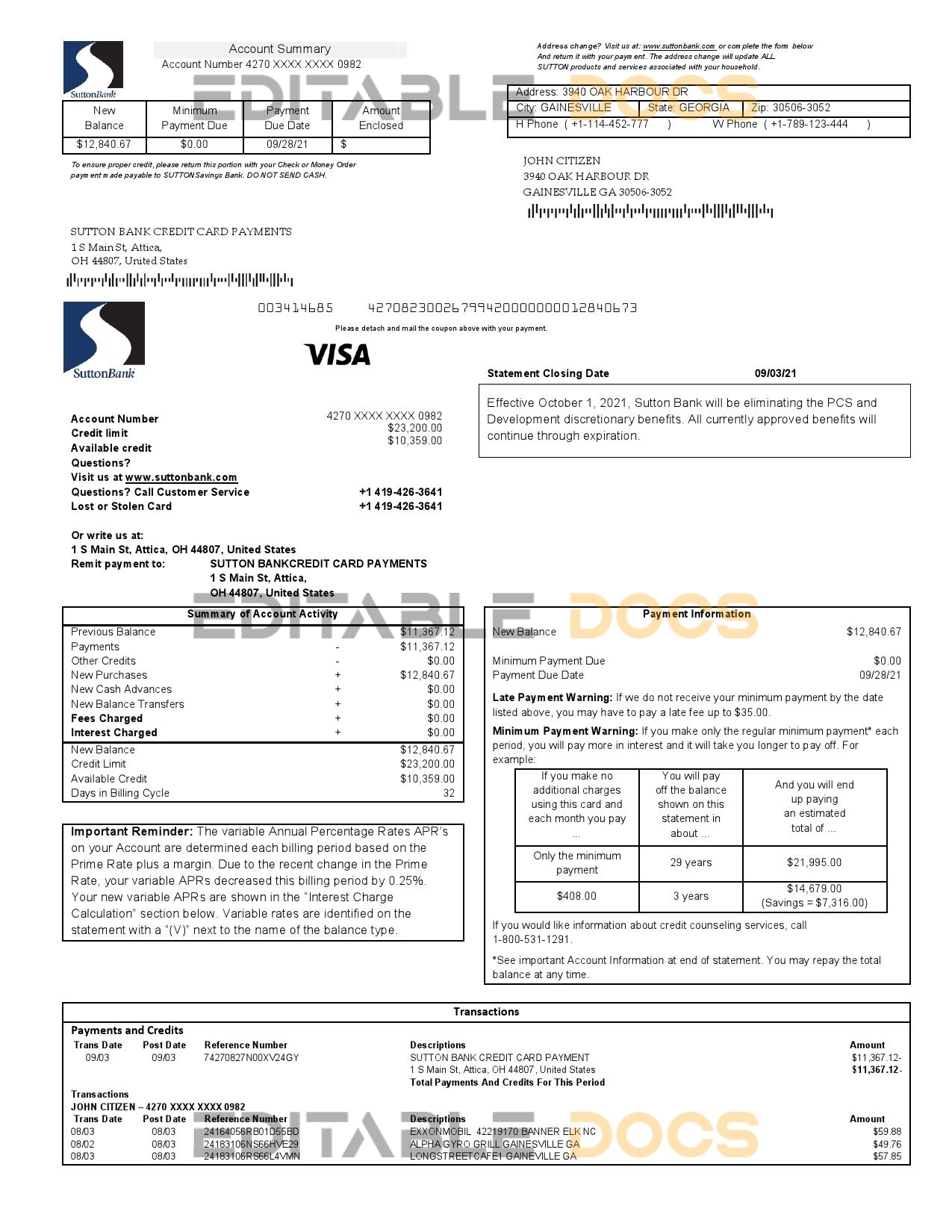 USA Sutton bank credit card statement template in Word and PDF format