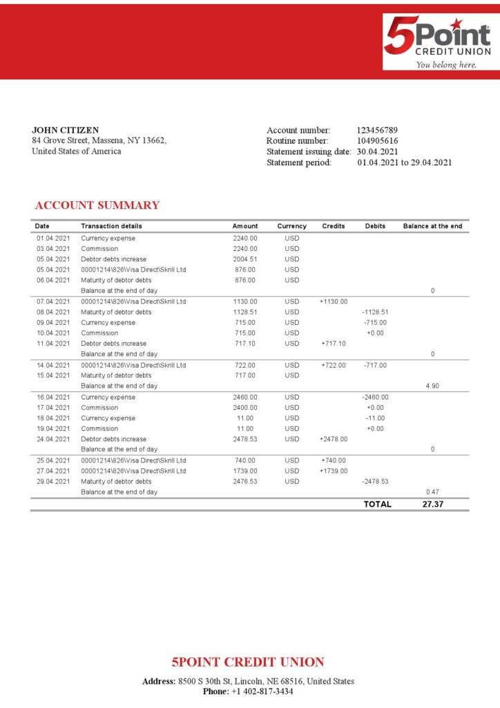 USA Texas 5Point Credit Union bank statement template in Word and PDF format