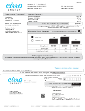 USA Editable Templates 12 USA Texas Cirro Energy utility bill template in Word and PDF format (3 pages)