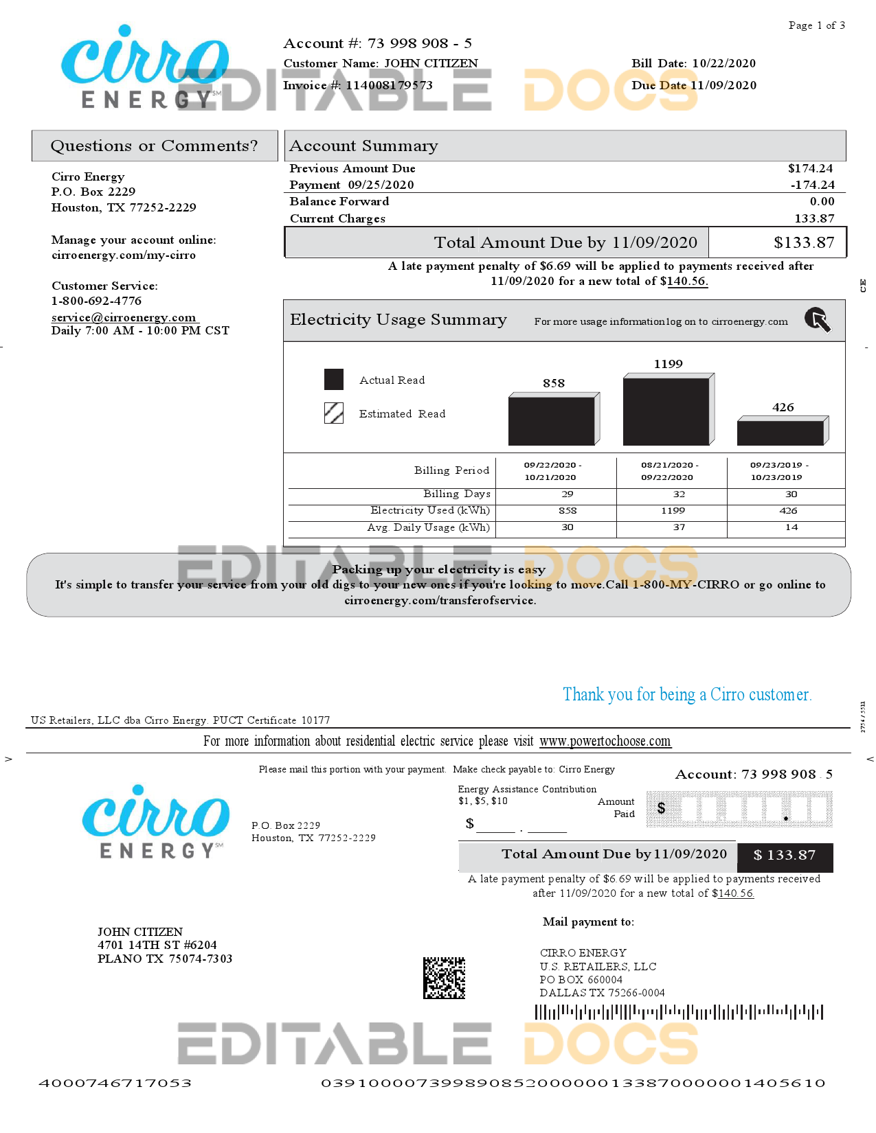 USA Texas Cirro Energy utility bill template in Word and PDF format (3 pages)
