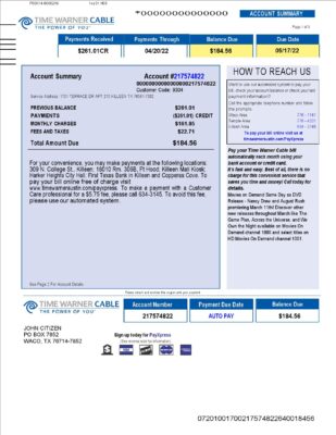USA Time Warner Cabel utility bill, Word and PDF template, 3 pages