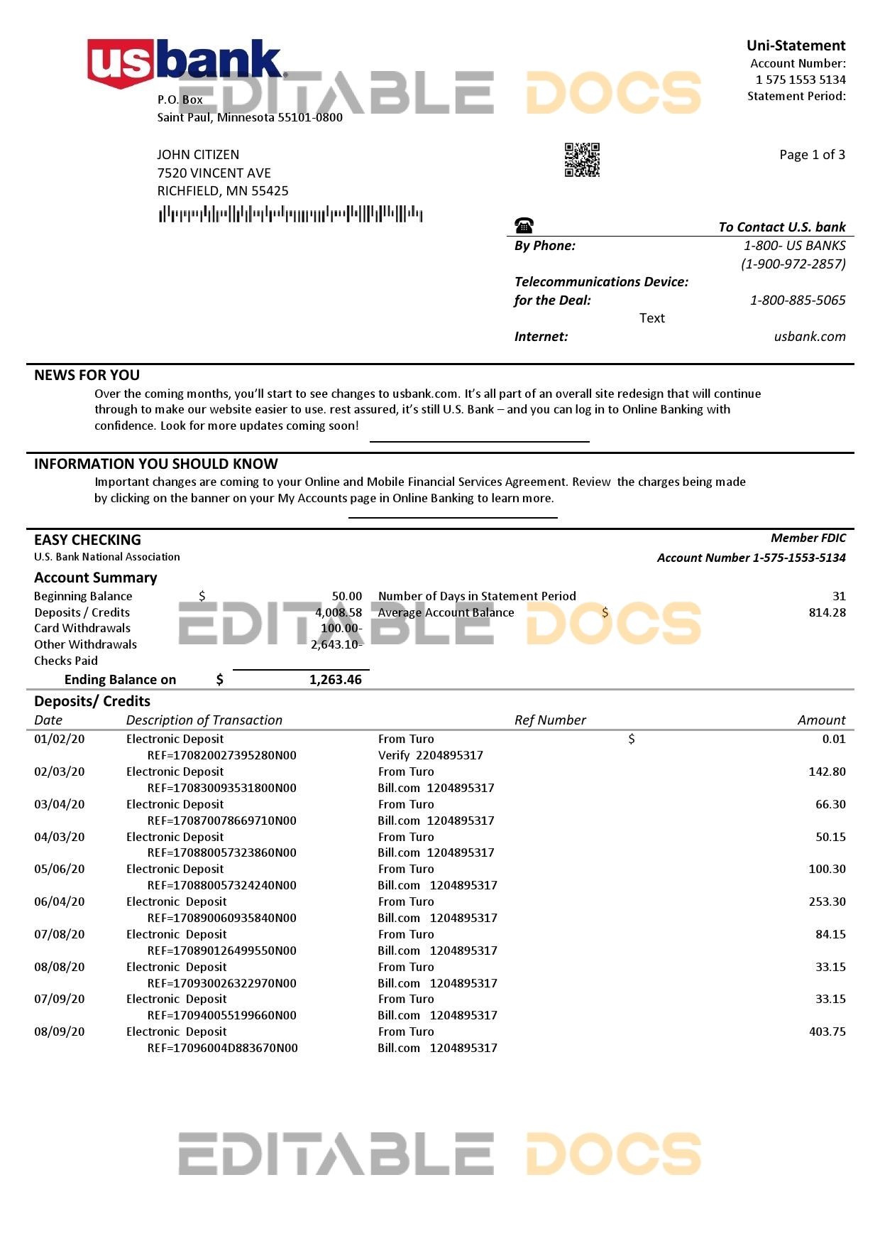USA U.S. bank statement template in Word and PDF format (3 pages)