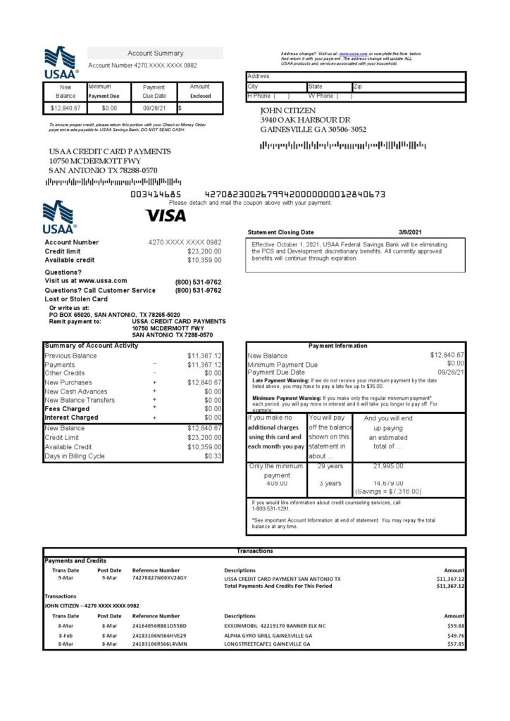 USA USAA bank Credit card statement template in Excel and PDF format