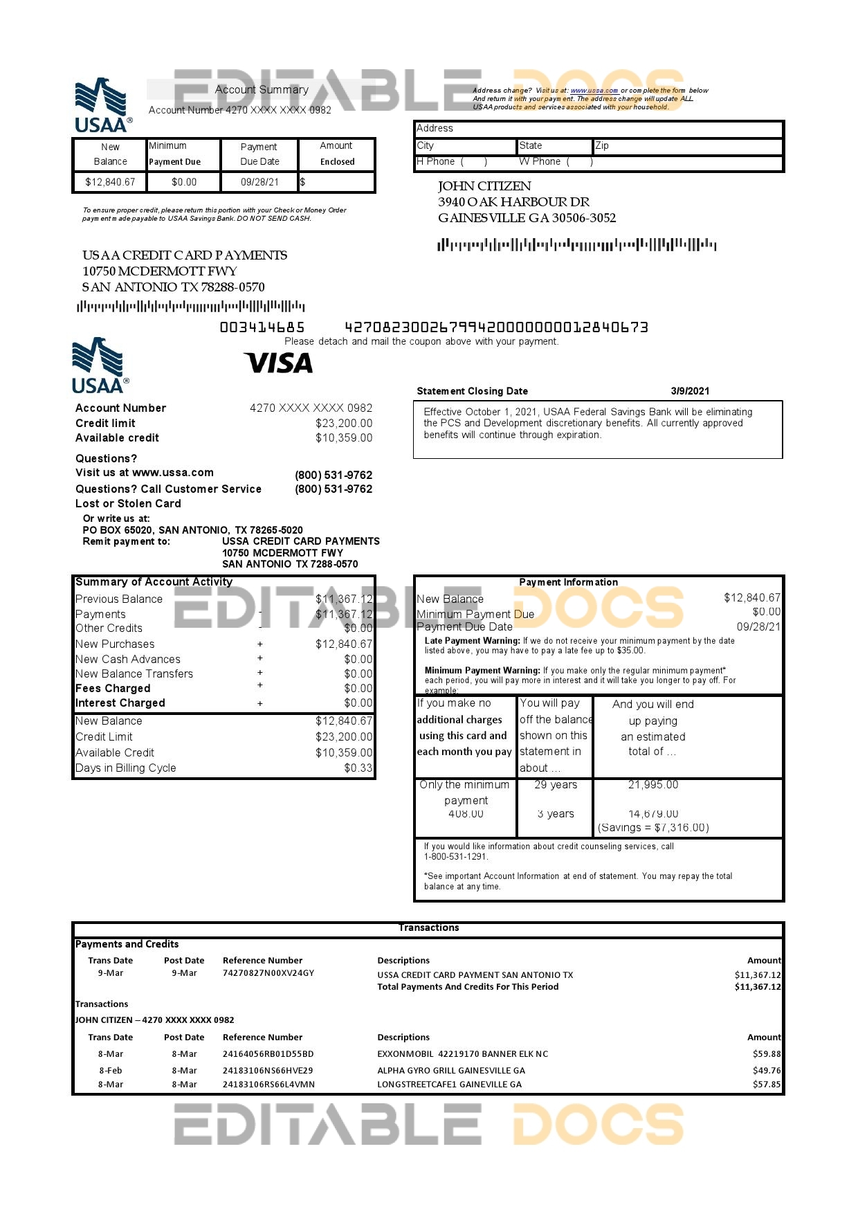 USA USAA bank Credit card statement template in Excel and PDF format