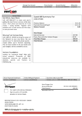 USA Verizon utility bill template in Word and PDF format