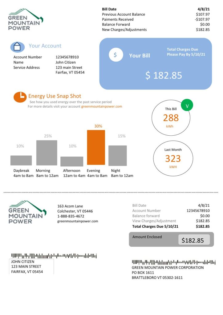 USA Vermont Green Mountain Power electricity utility bill in Word and PDF format