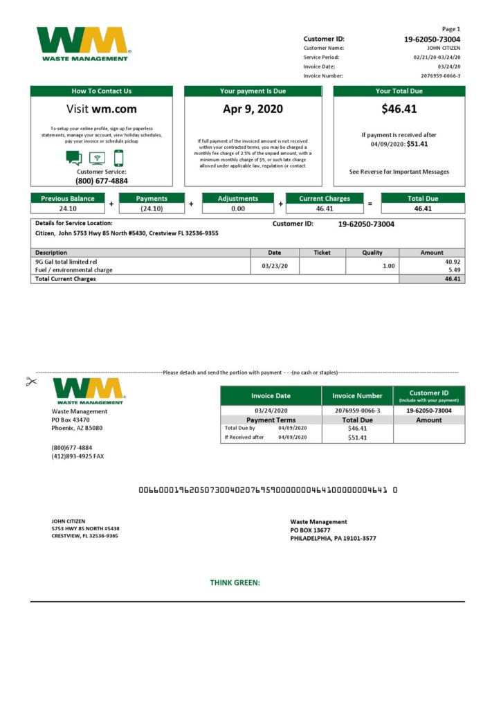 USA Waste Management bank statement template in Word and PDF format, good for address prove