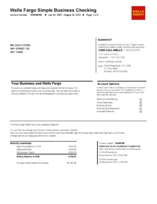 USA Wells Fargo Bank Simple Business Checking bank statement, Word and PDF template, 4 pages