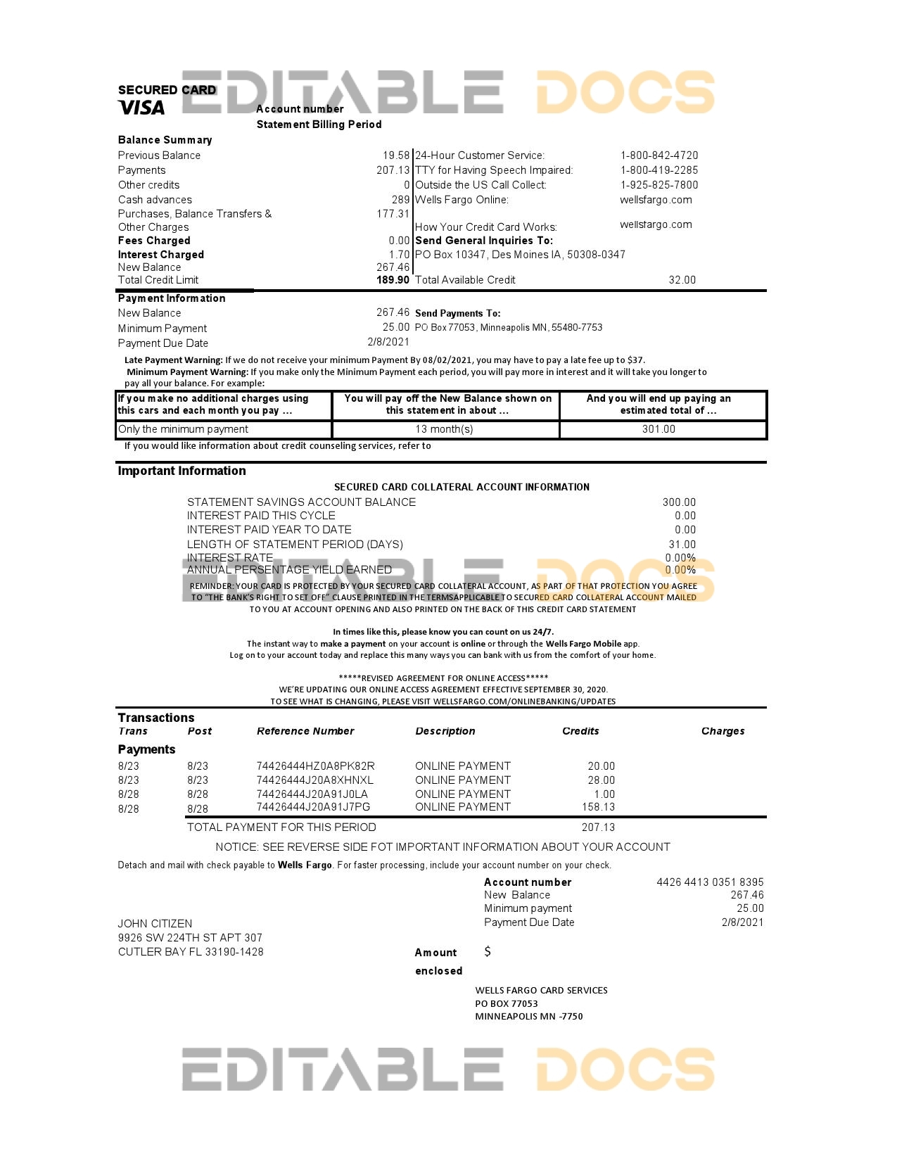 USA Wells Fargo bank credit card statement template in Excel and PDF format