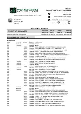 USA Woodforest bank statement Excel and PDF template, 3 pages
