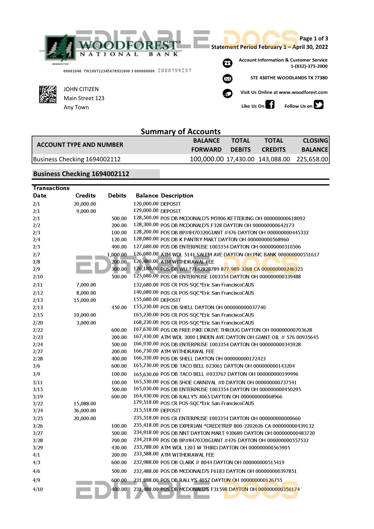 USA Woodforest bank statement Excel and PDF template, 3 pages