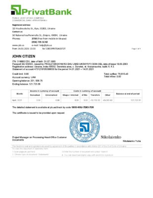 Ukraine Privatbank bank statement template in Word and PDF format